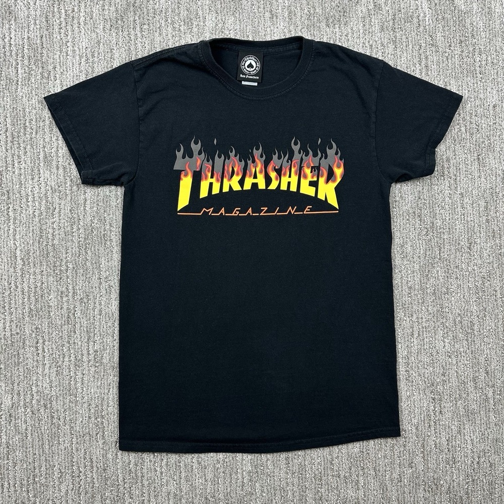 Thrasher Skateboard Magazine Classic Flame Logo Black T-Shirt Men's Size S A1